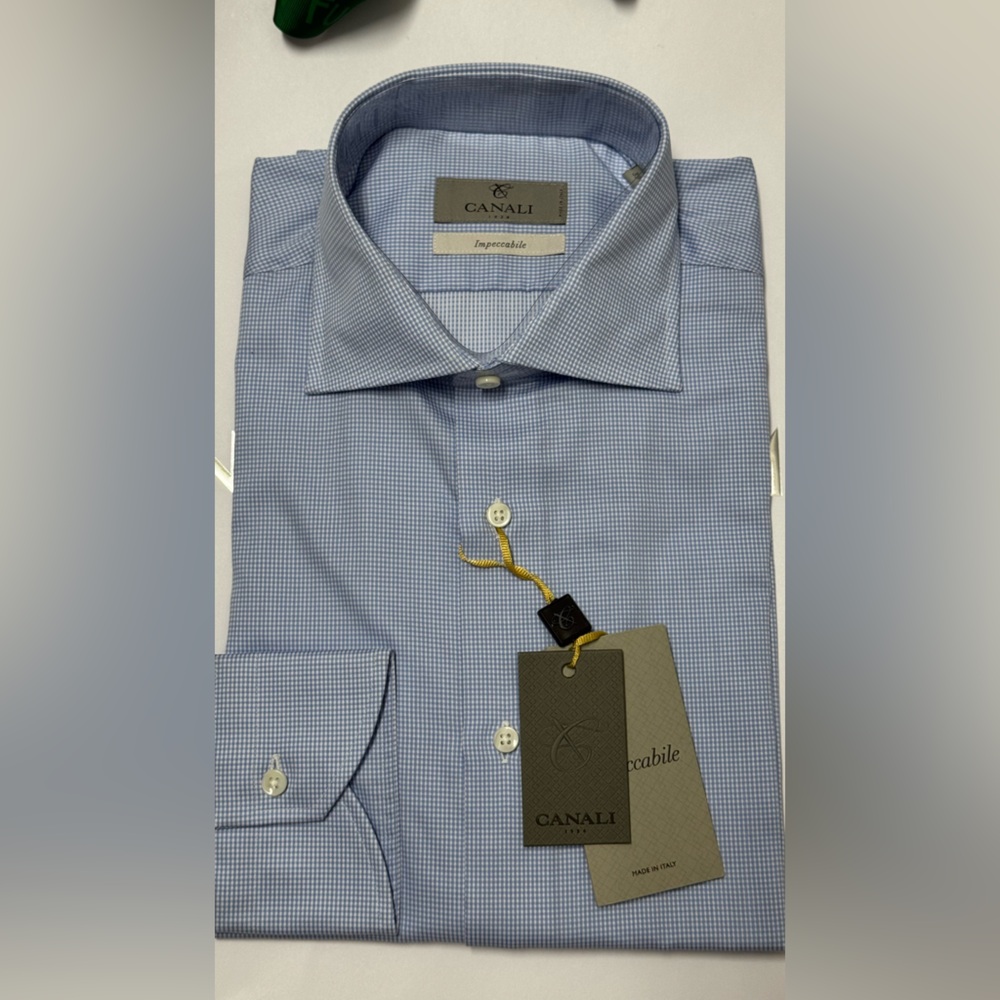 Canali Light Blue Micro-Check Dress Shirt - Classic Spread Collar